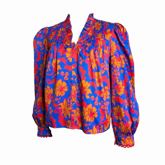 Alden Adair Oliver Top L Blue Red Floral Pleated Puff Sleeve Boho Blouse - Picture 4 of 12